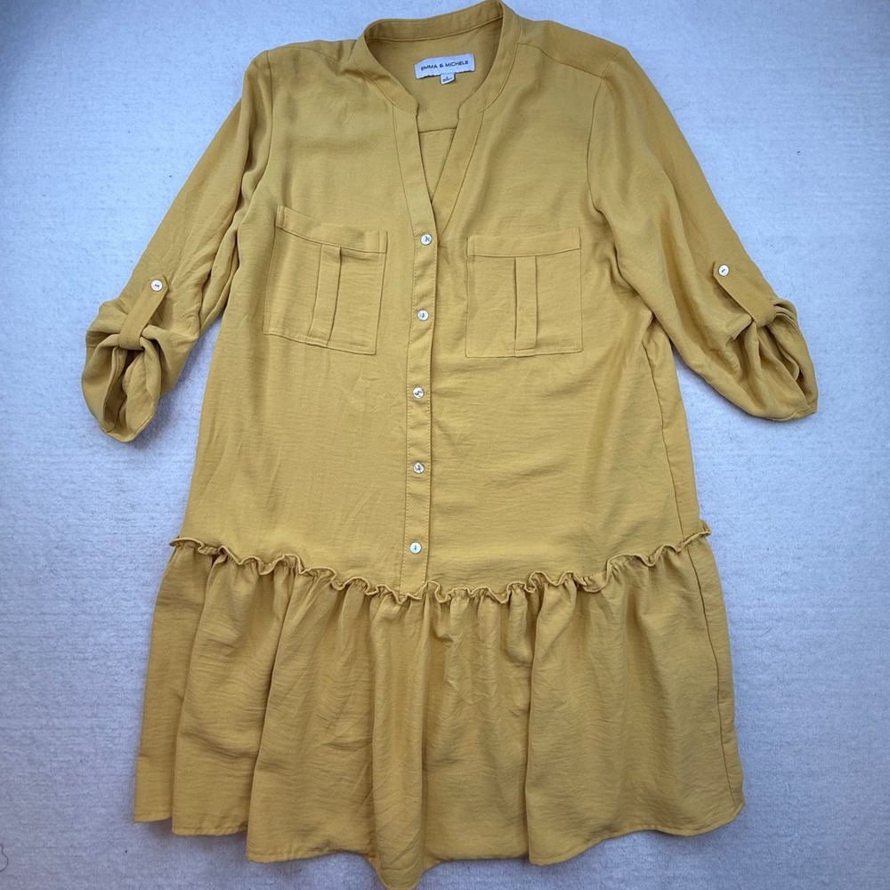 Emma & Michele Mustard Yellow Ruffle Hem Tunic Dress Large cottagecore casual - Picture 2 of 9
